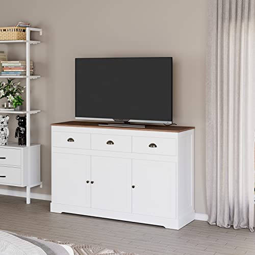 Keyluv White Buffet Cabinet Storage Sideboard Farmhouse Server Bar Wine Cabinet with 3 Drawers & 3 Doors Adjustable Shelves Console Table for Dining