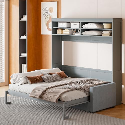 Harper & Bright Designs Queen Size Murphy Bed with Cushion and Storage Shelves, Wood Queen Platform Bed with Sofa, Wall Bed