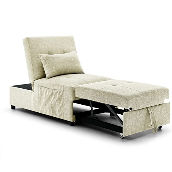 4-in-1 Sleeper Sofa Bed, HABITRIO Solid Wood Frame Polyester Upholstered Seating Couch w/A Pillow, Work As Ottoman, Single Chair