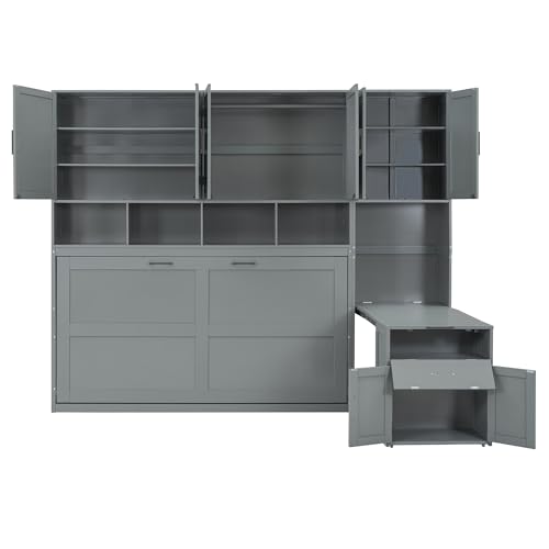 Harper & Bright Designs Twin Size Murphy Bed, Wooden Twin Wall Bed Frame with Closet, Drawers & Desk, White