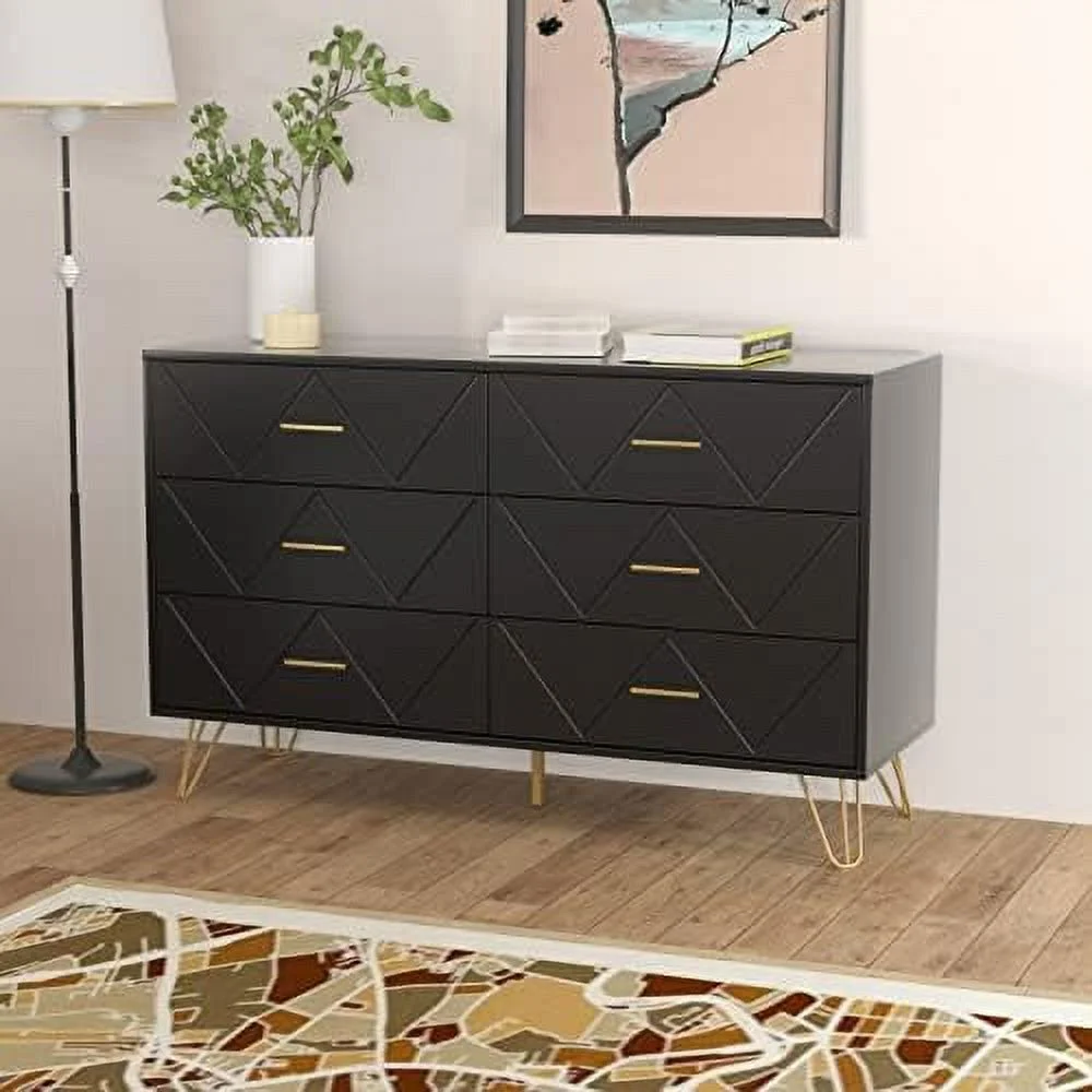 HOOMHIBIU Dresser for Bedroom  6 Drawer Dresser with Sturdy Frame  Wood Rustic Chest for Living Room  Office  Closet (Black)