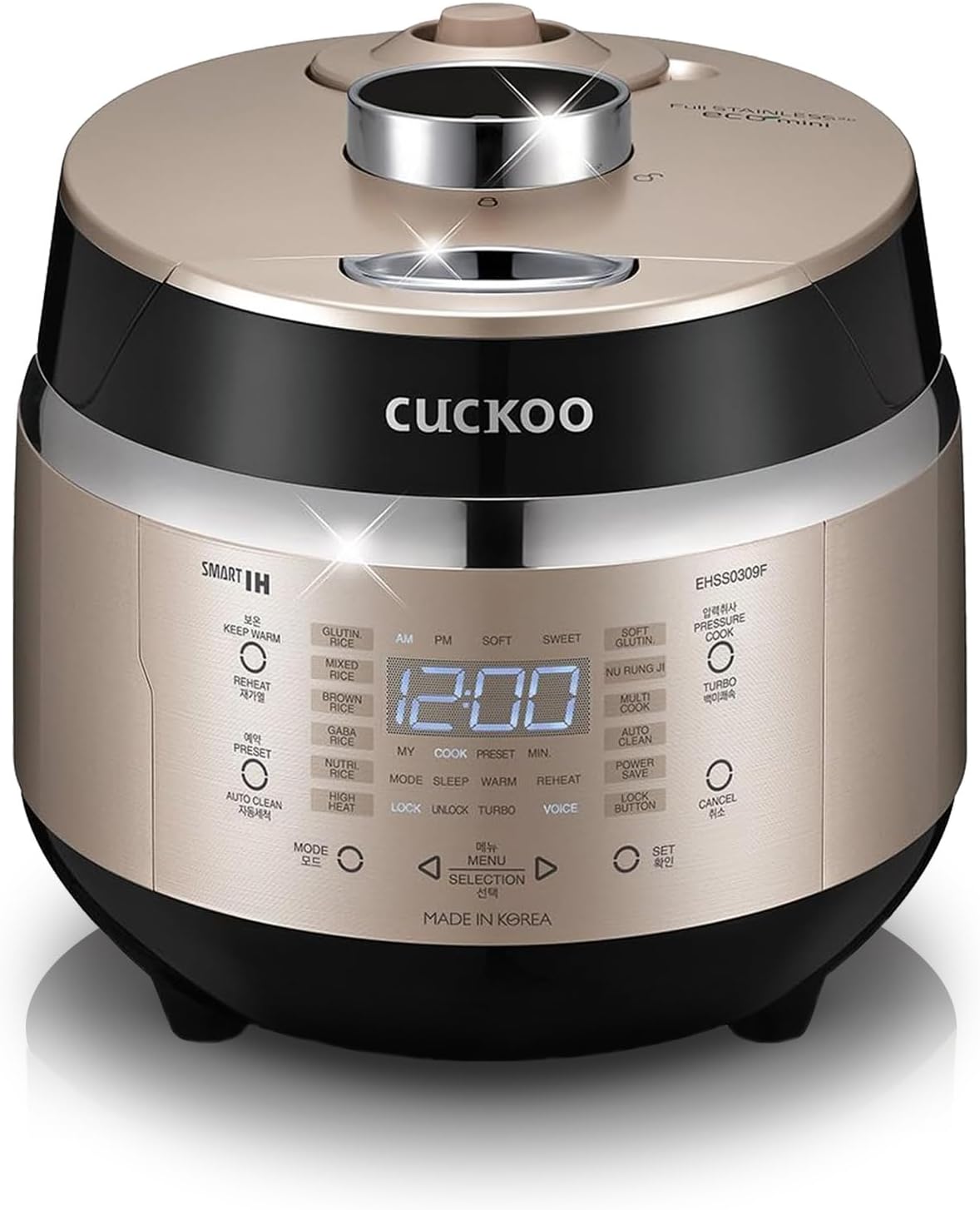 CUCKOO CRP-EHSS0309FG | 3-Cup (Uncooked) Induction Heating Pressure Rice Cooker | 15 Menu Options, Auto-Clean, Voice Guide, Made in Korea | Gold