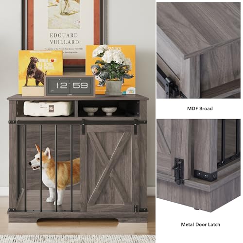 Aoowow Large Double Dog Crate Furniture 72.4" Indoor Dog Kennel with Sliding Barn Door and Divider