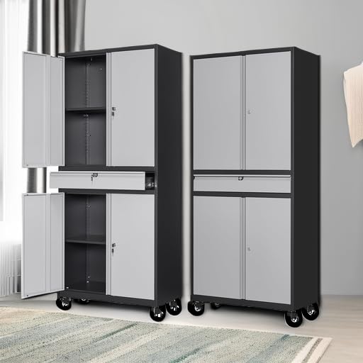 Letaya Metal Garage Storage Cabinet with Drawer,4 Door Tool Cabinet with Lock-2 Adjustable Shelves for Garage Home Office Utility Room (Black)