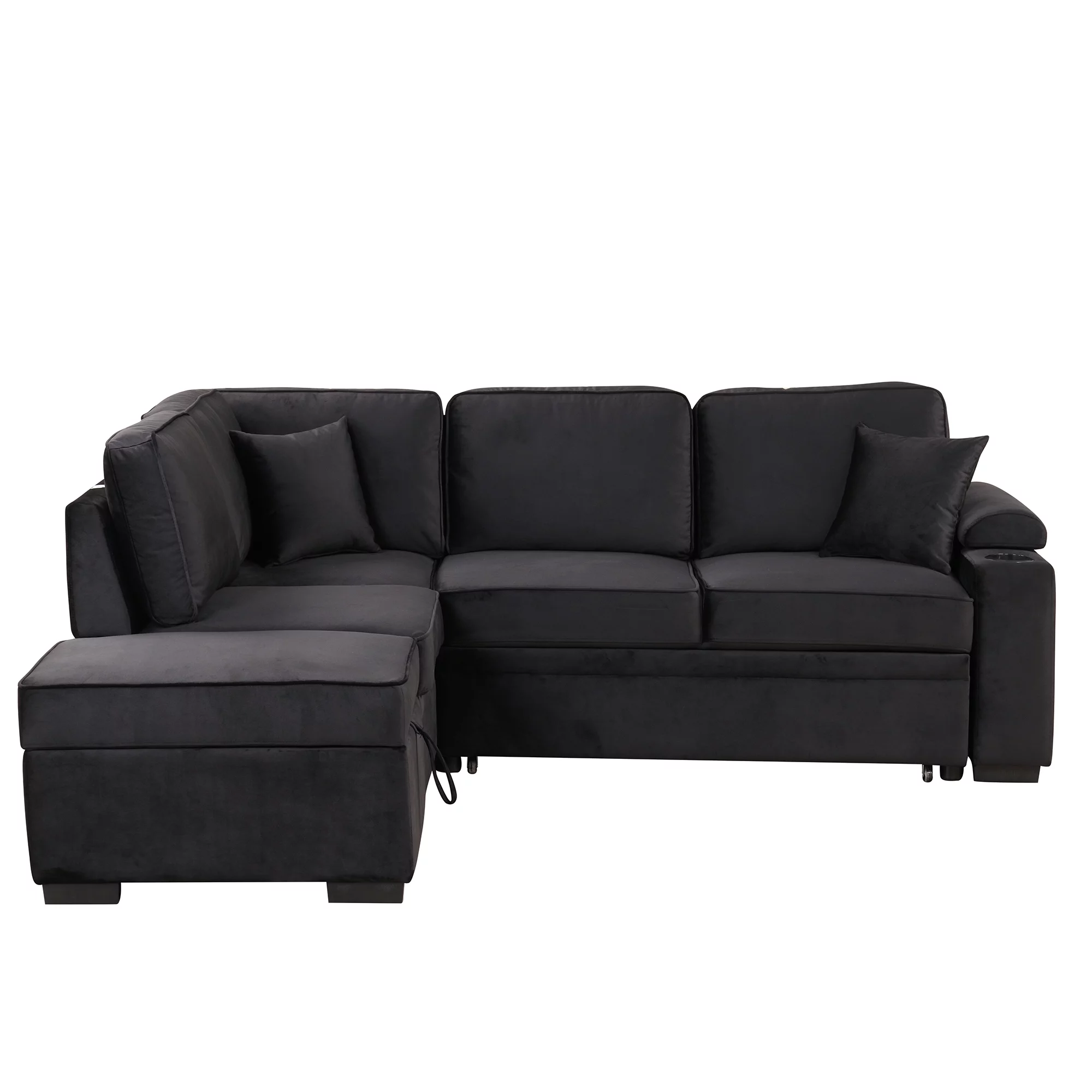 Soges Sleeper Sofa Bed 5 Seat, L Shape Sofa with Pull Out Bed Velvet Couch with USB Ports and Storage Ottoman for Living Room Bedroom, Black