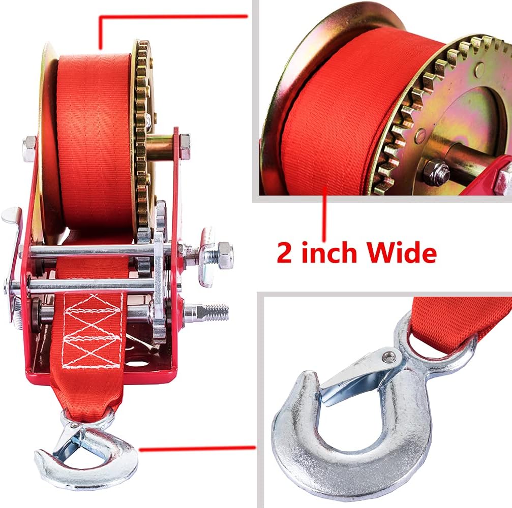 Hand Winch Heavy Duty 3500lbs with Nylon Strap and Ratchet Handle Hook 2 Gear Manual Crank Towing Winch for ATV Boat Trailer Truck Auto (2500 Red)