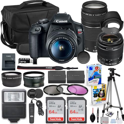 Canon EOS Rebel T7 DSLR Camera with 18-55mm & 75-300mm Lens Bundle with Extra Canon Battery + 2X 64GB Memory Cards + Accessory Kit Including Bag