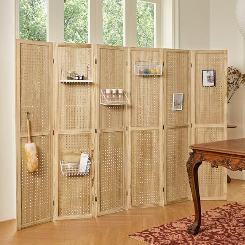 Pegboard Display, 5.6Ft Wooden Room Divider Folding Privacy Screens Portable Freestanding Wall Organizer for Retail Craft Art Display Board (4panels