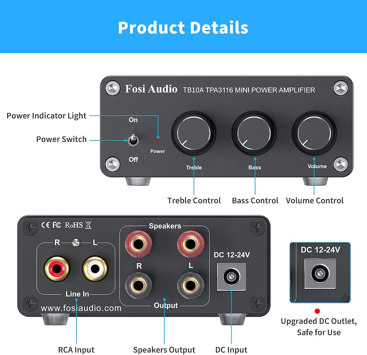 Fosi Audio TB10A 2 Channel Stereo Audio Amplifier Receiver Mini Hi-Fi Class D Integrated Amp 2.0CH for Home Speakers 100W x 2 with Bass and Treble