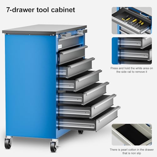 7-Drawer Rolling Toolbox,Tool Box with 360° Lockable Wheels and Padded Feet,Tool Chest with Keyed Locking System and Drawer Liners