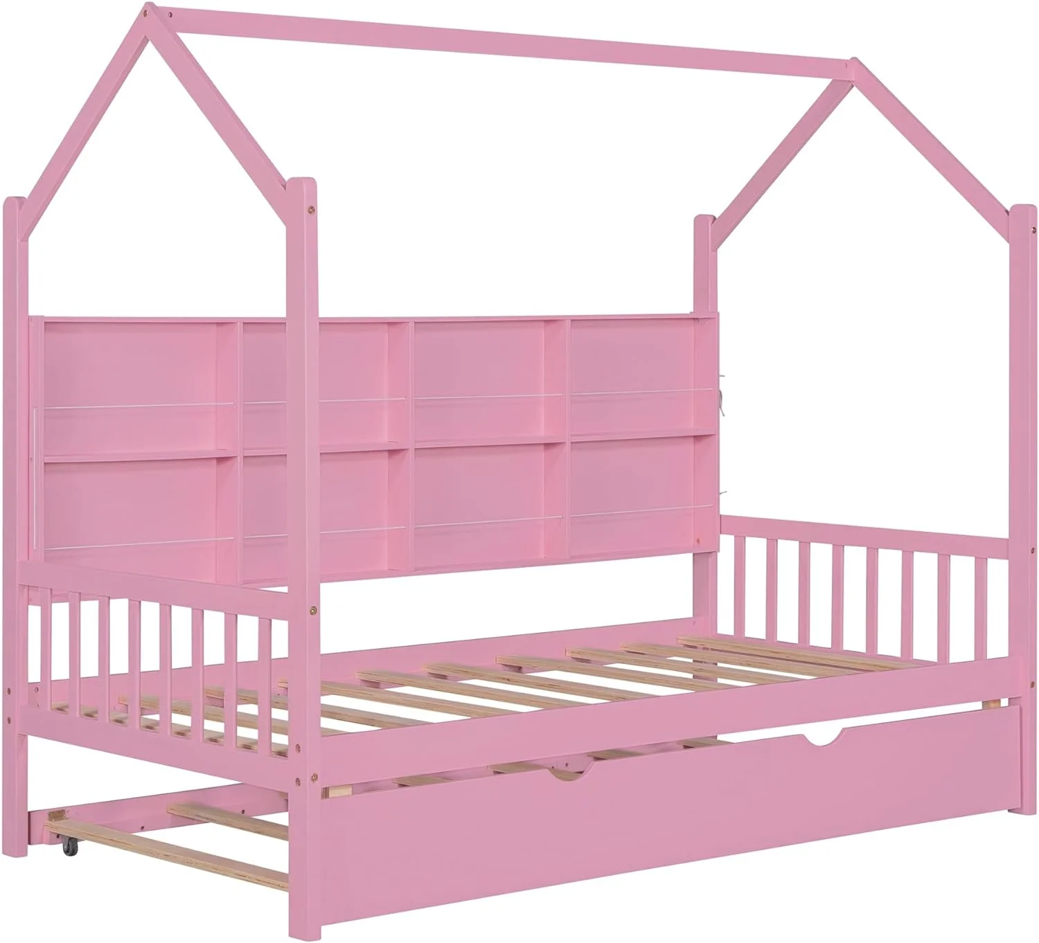 Wooden Twin Size House Bed with Trundle, Kids Bed with Storage Shelf, House Shaped Bed Platform Bed for Kids