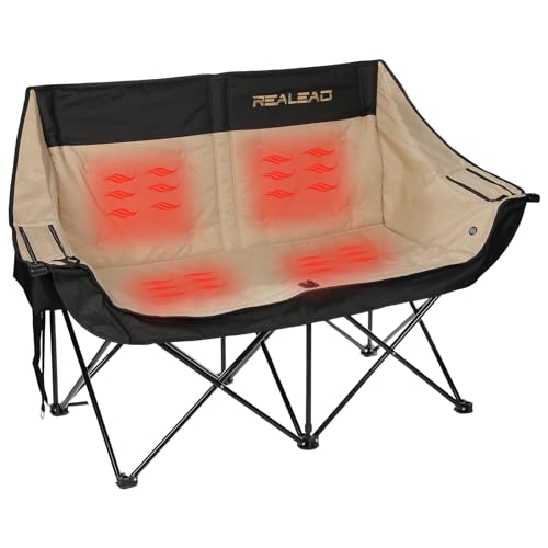 REALEAD Heated Double Camping Chair, 3 Heat Levels and 4 Heating Zones, Portable Heated Loveseat Chair for Outdoor Sports Support 650lbs