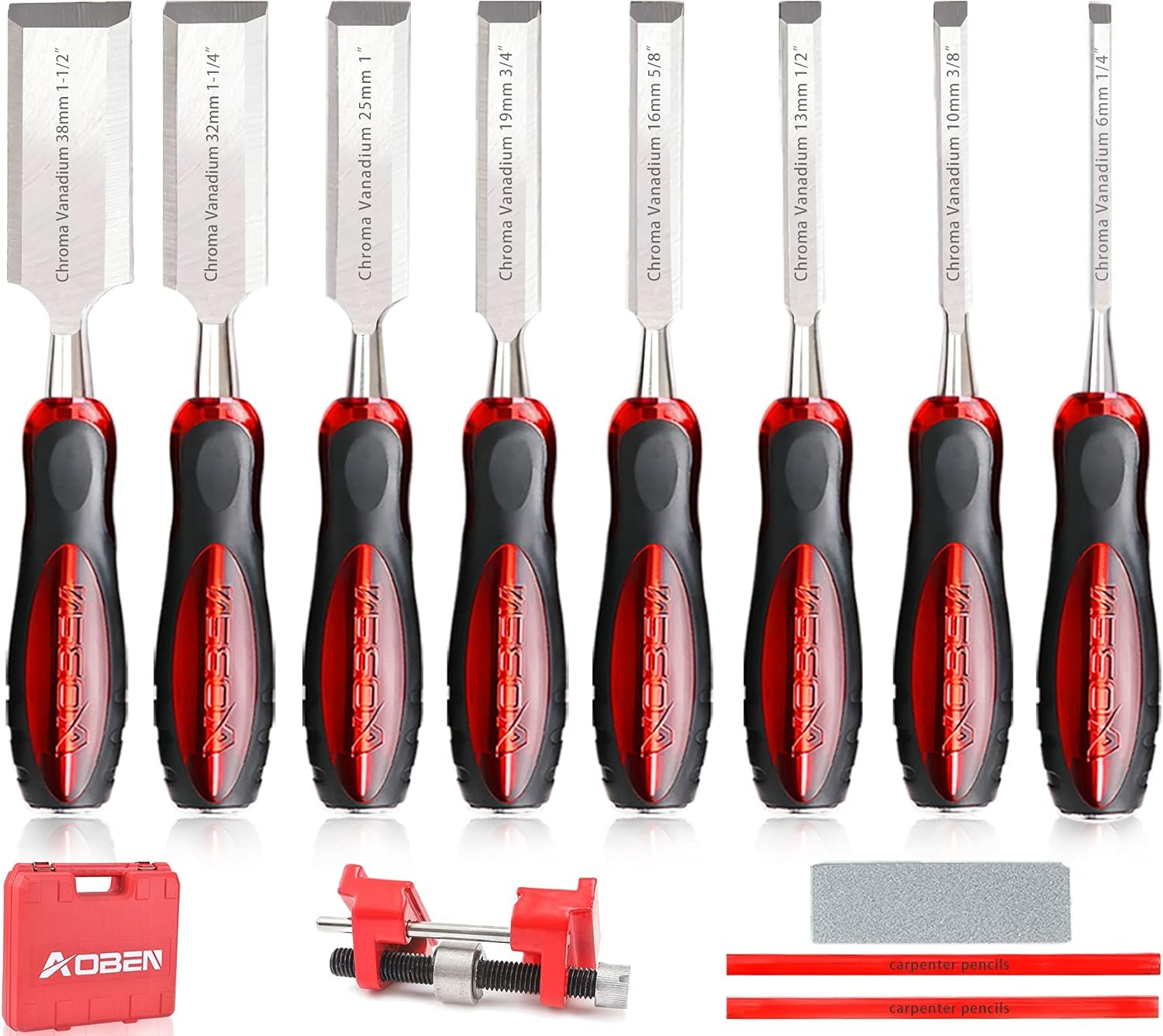 AOBEN 12 pc Wood Chisel Set Premium Wood Carving Chisels Sturdy Heat-Treated Cr-V Alloy Blades Woodworking Tools with 8 Full Tang Wood Chisels Tools