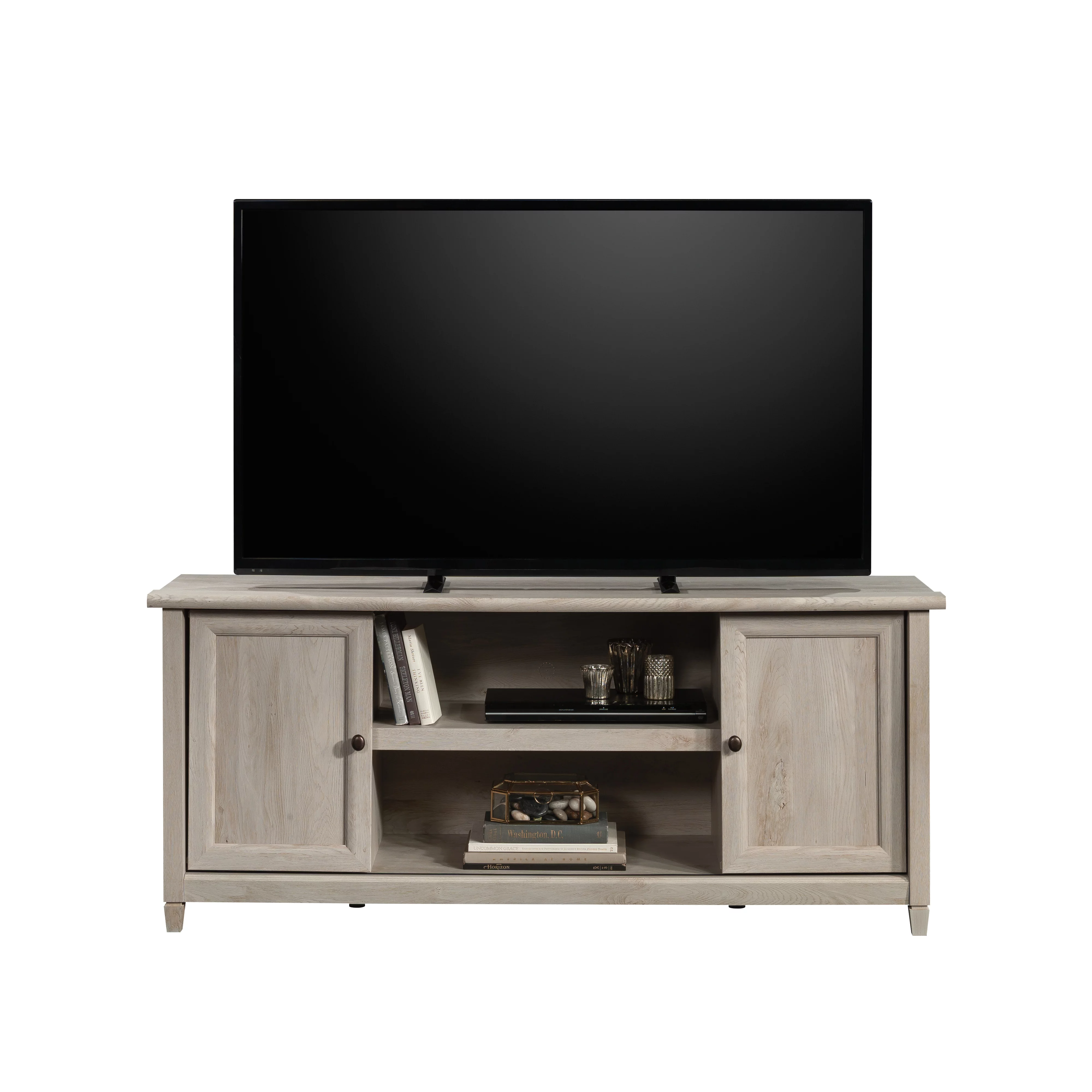 Sauder Edge Water TV Stand with Shelves & Sliding Doors, for TVs up to 65", Chalked Chestnut Finish