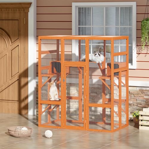 COZIWOW 70Inches Large Stable Spacious Wooden Catio Outdoor Cat Enclosure with Perches and Condos, Cat Cage Indoor with Waterproof Roof