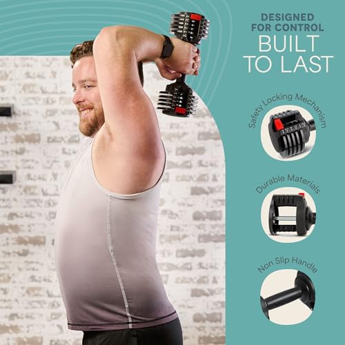 Lifepro Adjustable Dumbbells Set - 5in1-15lb 25lb 43lb 55lb weights Set & Single with Rack - Quick Adjust, Secure Grip
