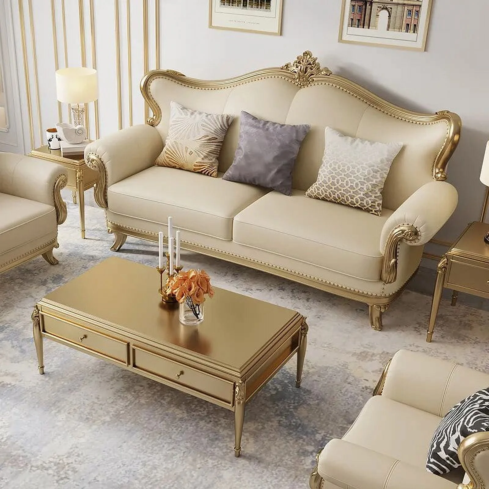French Style Living Room Sofa Set Antique Solid Wood Carved Couch Classic Hotel Lobby 3+2+1 Sofa