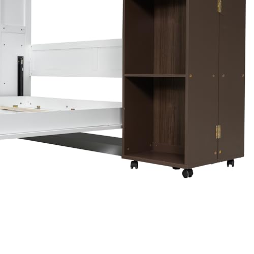 Queen Size Murphy Bed with Sofa, Shelves, USB & Light, Can be Folded Wall Bed and Tall Cabinet with Glass Doors& Wine Rack