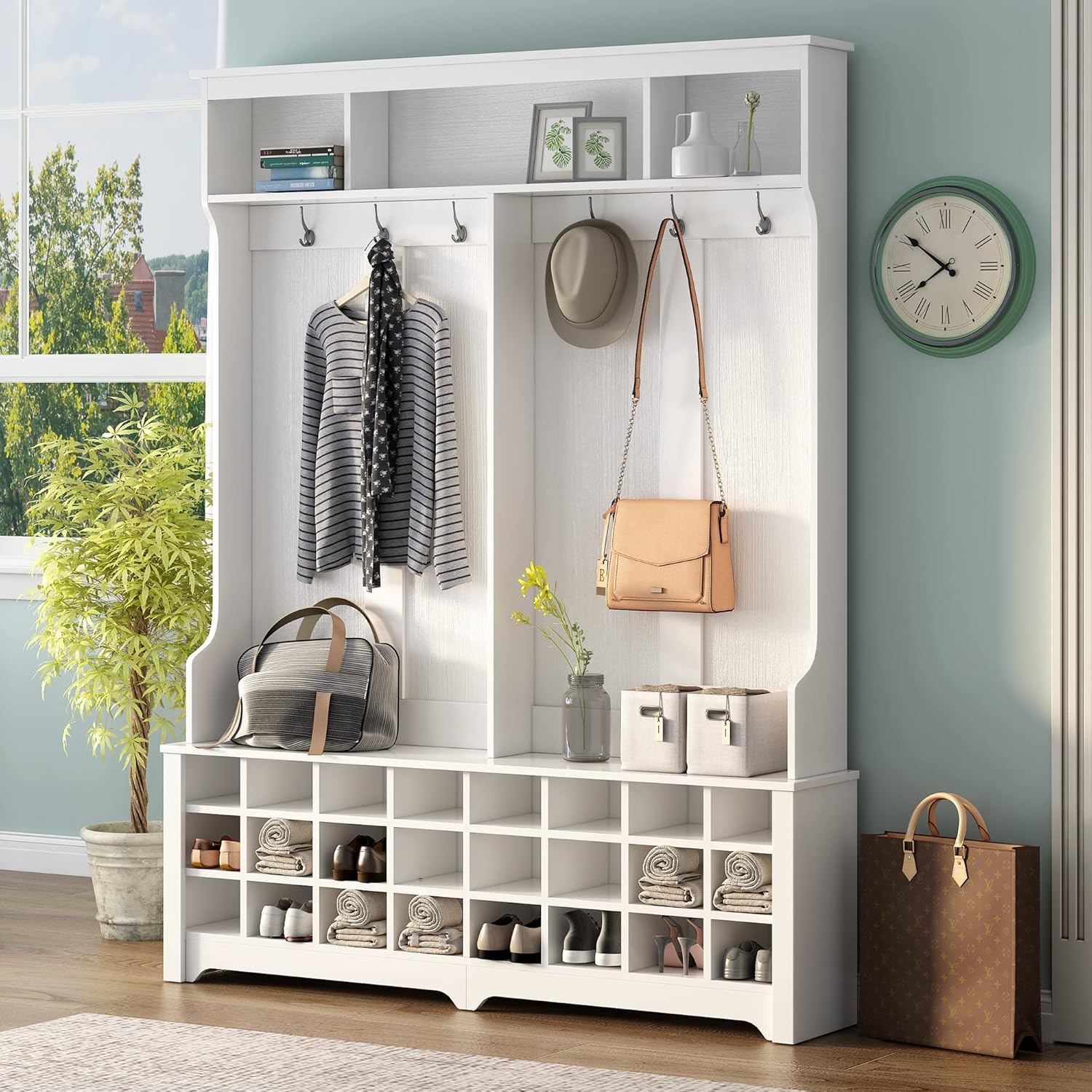 Multi-Functional Hall Tree Entryway Bench, Modern Style Hallway Coat Rack with Metal Black Hooks, Ample Storage Space and 24 Shoe Cubbies, 60 Inch