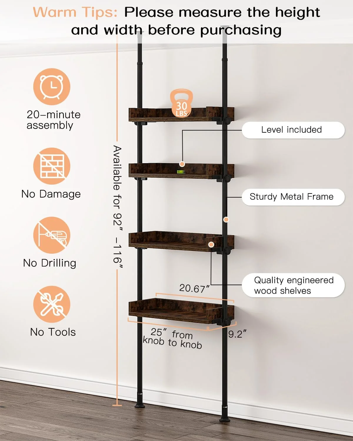 FJU Bathroom Organizer, Over The Toilet Storage, 4-Tier Adjustable Wood Shelves for Small Rooms, Saver Space Rack, 92 to 116 Inch Tall