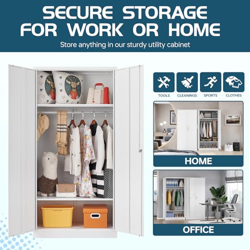 MIIIKO Steel Cabinet Wardrobe, Metal Locker Cabinet with Hanging Rod, Metal Clothing Locker Storage for Home, Office, Garage and Changing Room
