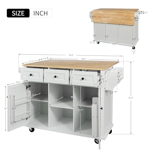 Rolling Kitchen Island with Drop Leaf & Power Outlet, Large Kitchen Islands Cart on Wheels