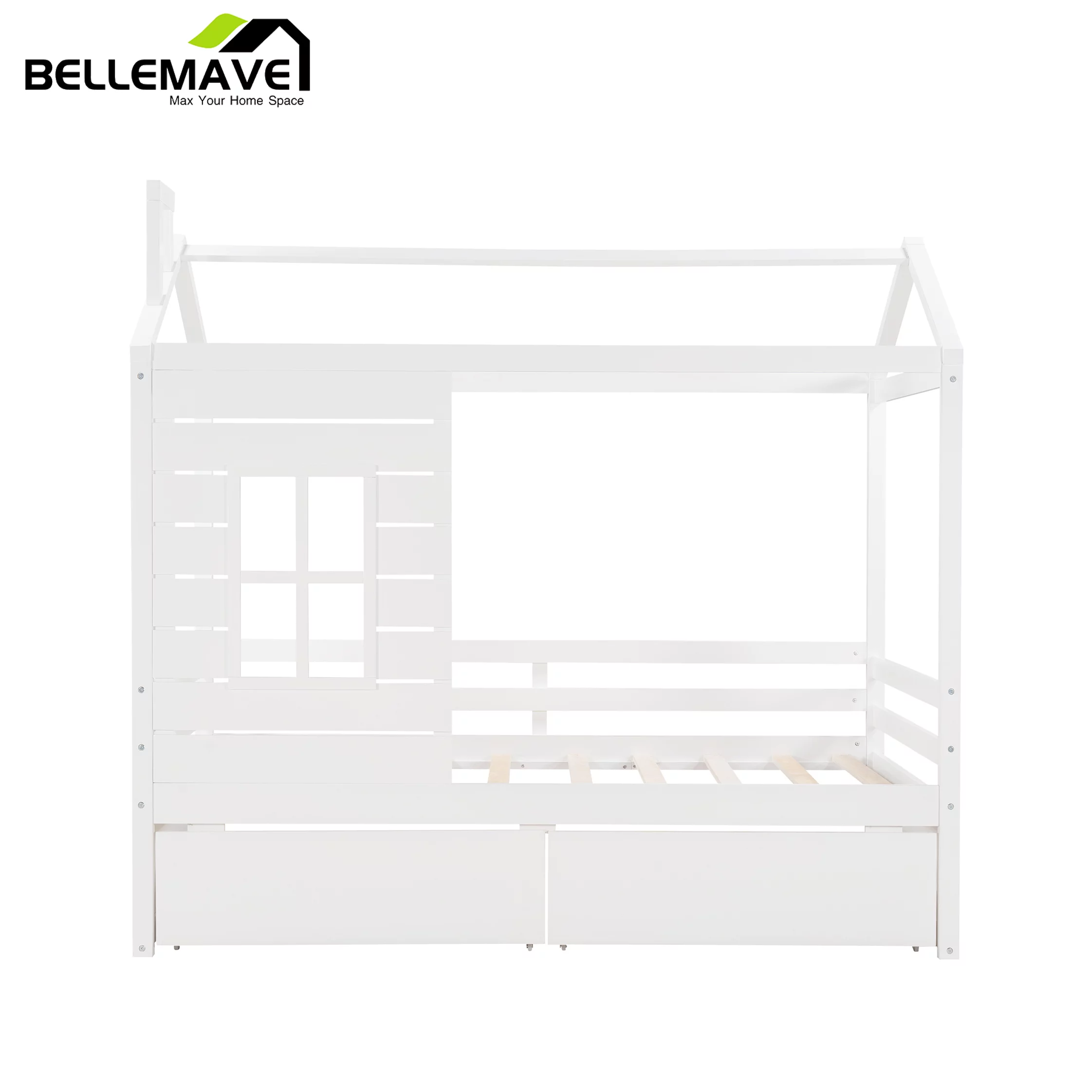 Bellemave Twin Size House Bed with Drawers Kids Bed with Storage Wooden Bed Frame with Guard Rails Twin Kids Bed Frame for Boys, Girls, White