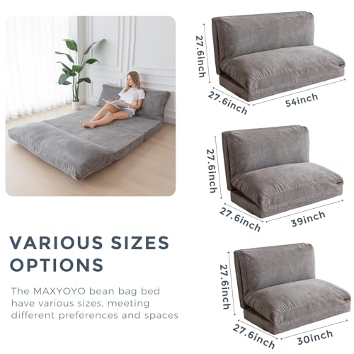 MAXYOYO Bean Bag Bed Folding Sofa Bed Floor Mattress for Adults, Extra Thick and Long Floor Sofa with Corded Washable Cover, Dark Grey, 30x95 Inch