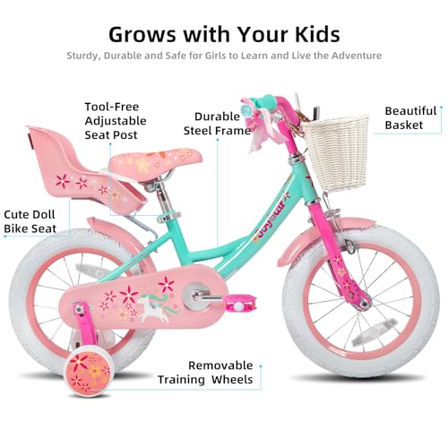 JOYSTAR Unicorn Kids Bike for Girls Ages 2-9 Years Old, 12 14 16 18 Inch Kids Bike with Training Wheels, Doll Seat, Streamers and Basket