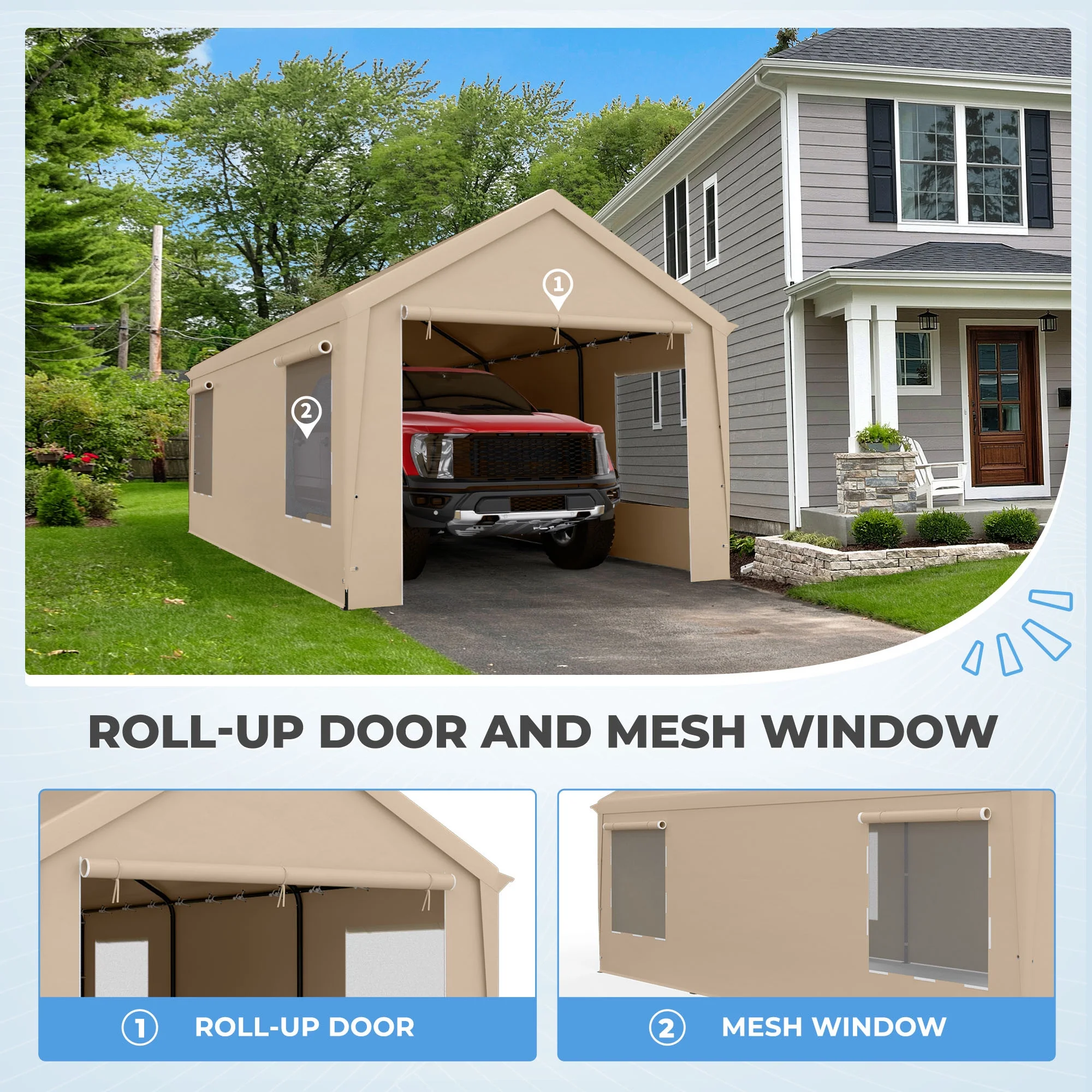 SERWALL 12 x 20 ft Heavy Duty Steel Car Carport Canopy Tents with Window for Outside Party, Beige