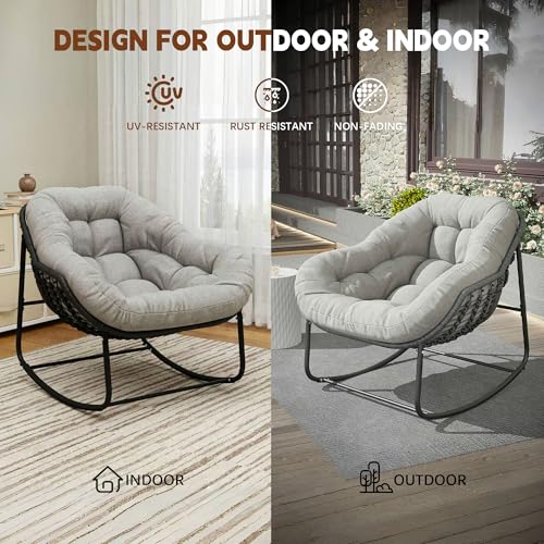 Outdoor Indoor Rocking Chair, Patio Wicker Egg Chair, Indoor & Outdoor Comfy Oversized Papasan Chair with Padded Cushion