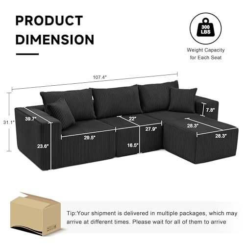107.4" Cloud Couch Sectional, Modular Sofa with Deep Seat, Plush Corduroy L Shaped Boneless Couch, Convertible Sectional Couches for Living Room