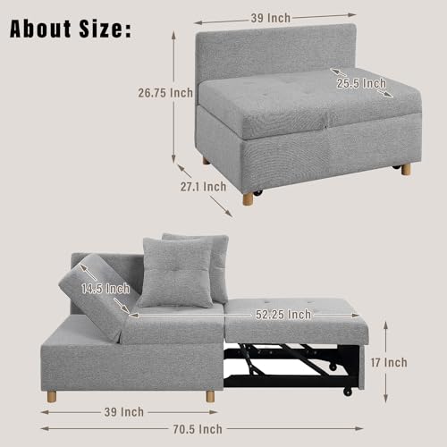 Pull Out Sleeper Sofa Bed Chair 4-in-1 Convertible Chair Bed, Linen Fabric loveseat Sofa with 2 Throw Pillow