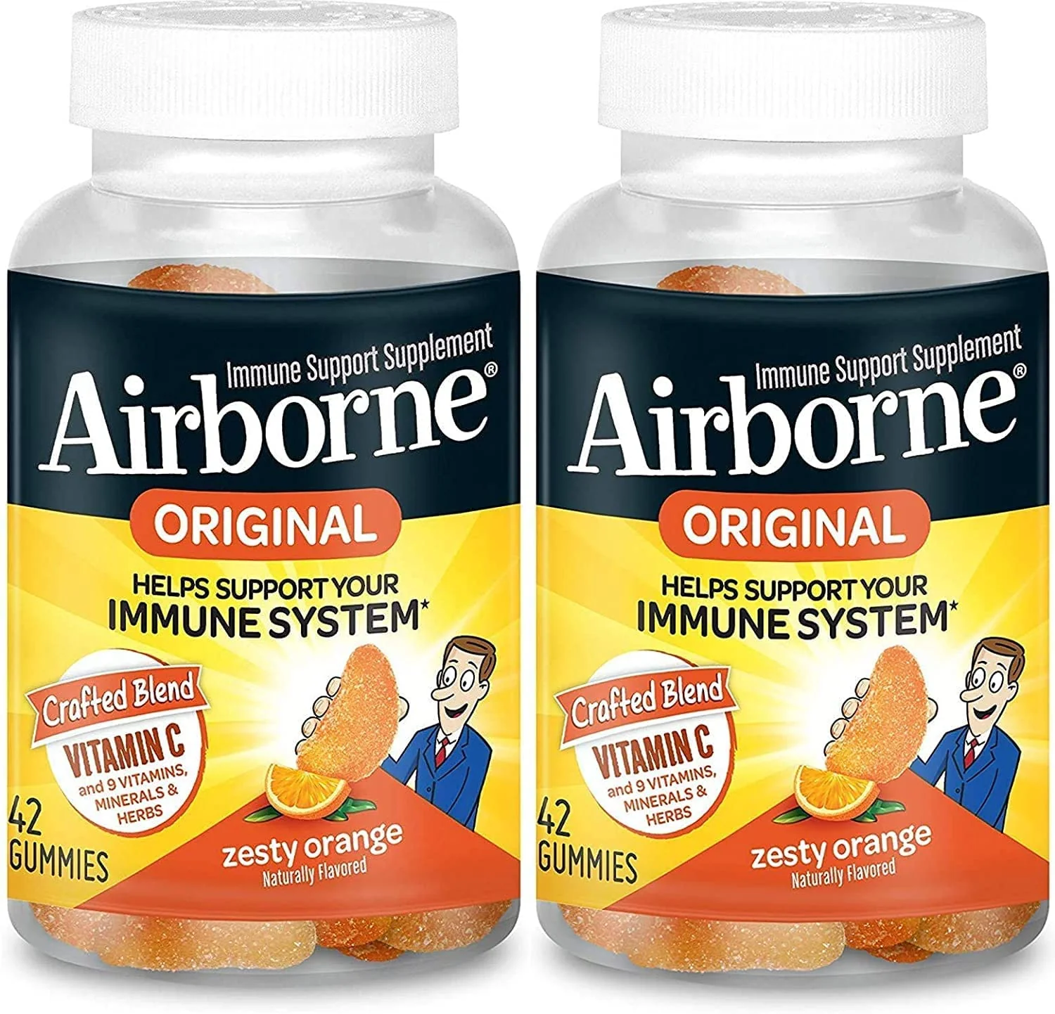 Airborne Zesty Orange Flavored Gummies, 42 Count - 750mg of Vitamin C and Minerals & Herbs Immune Support (Pack of 2) - Kansas Nuitrition - HNZSDS