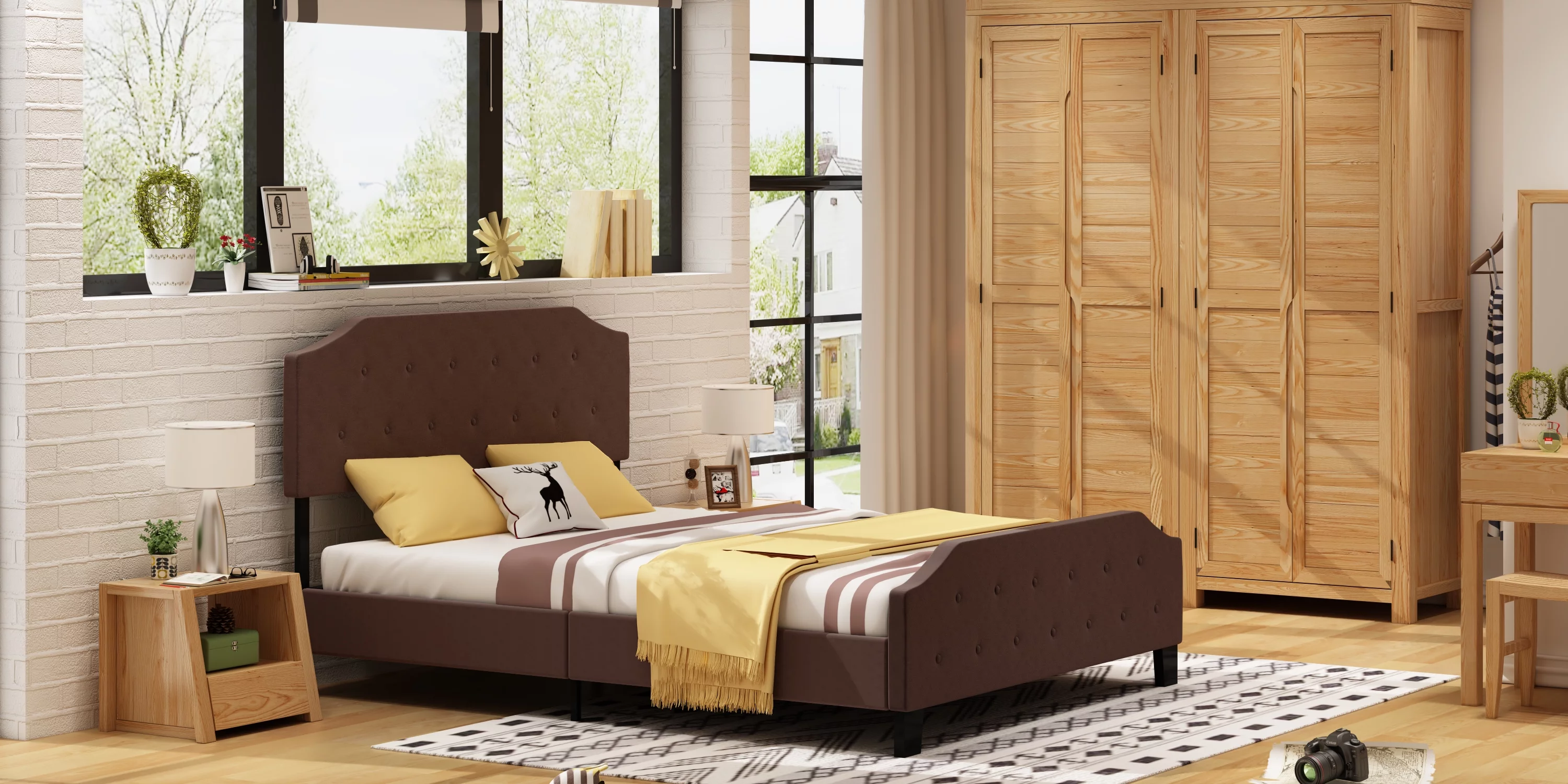 Upholstered Tufted Platform Bed Frame with Bonus Base Wooden Slat System, Queen, Brown