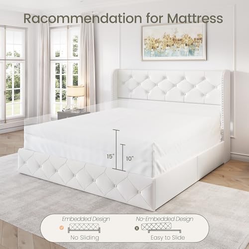 King Size Bed Frame with 4 Storage Drawers and Tufted Headboard Linen Upholstered Platform Bed Frame Wingback Beds with Wooden Slats Support
