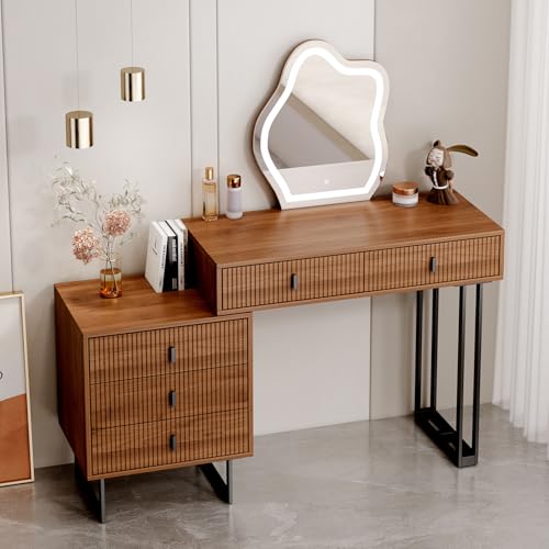 Makeup Vanity Desk with Cloud Lighted Mirror with Power Outlet and LED Strip, 3 Color Lighting Modes with Adjustable Brightness