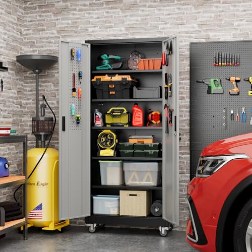 71" Metal Storage Cabinet with Wheels and Pegboard, Lockable Rolling Steel Storage Cabinet with 5 Adjustable Shelves and Door for Garage, Office