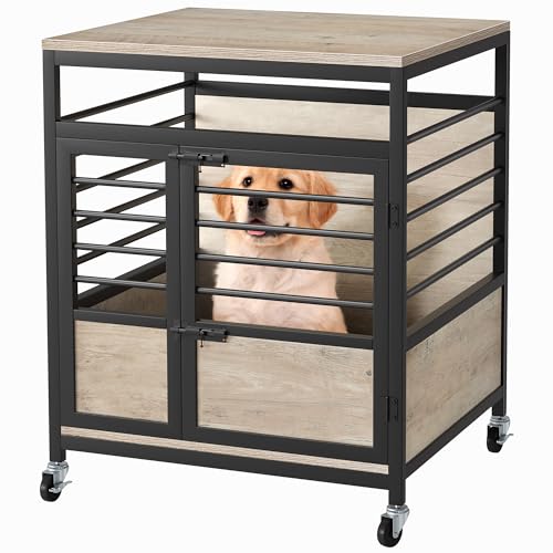 YITAHOME 39 Inch Dog Crate Furniture with Storage Shelves, Wooden Dog Crate for Large Dogs with Power Outlets