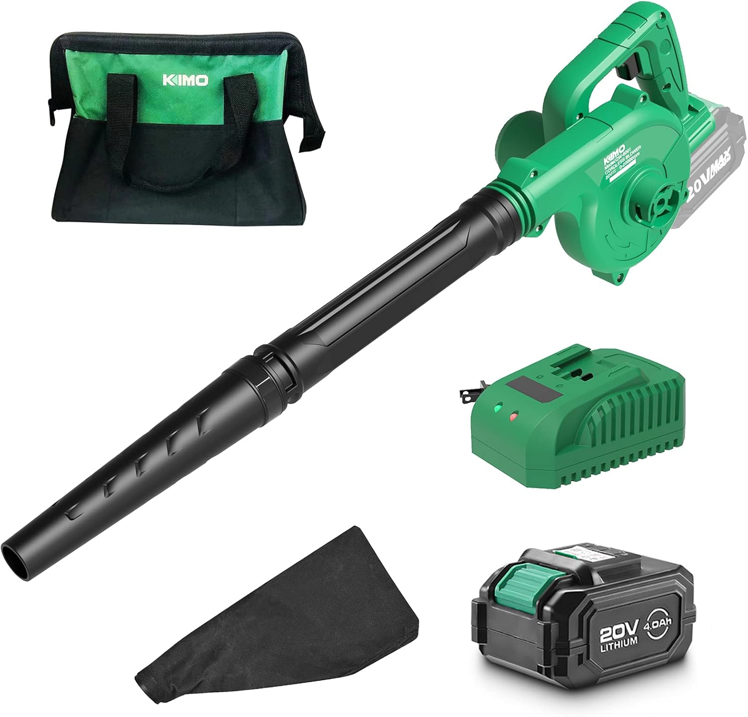 KIMO Cordless Leaf Blower, 2-IN-1 20V Lithium Battery Leaf Vacuum, 150CFM Lightweight Battery Powered Leaf Blower w/Variable-Speed
