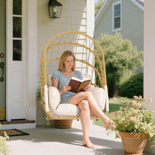 YITAHOME Hanging Egg Chair Without Stand, Rattan Wicker Swing Egg Chair with Light String & Resistant Cushion, 300lbs Capacity