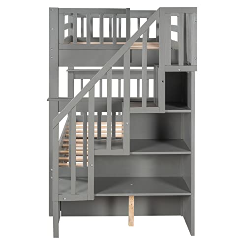 Harper & Bright Designs Twin Over Twin Bunk Bed with Stairs and Trundle, Solid Wood Stairway Bunk Bed Frame with Storage