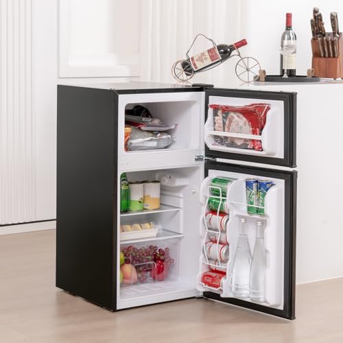 COSTWAY Compact Refrigerator, 3.2 Cu.Ft. Fridge Freezer Compartment with Reversible 2 Door, Adjustable Thermostat, Removable Glass Shelves
