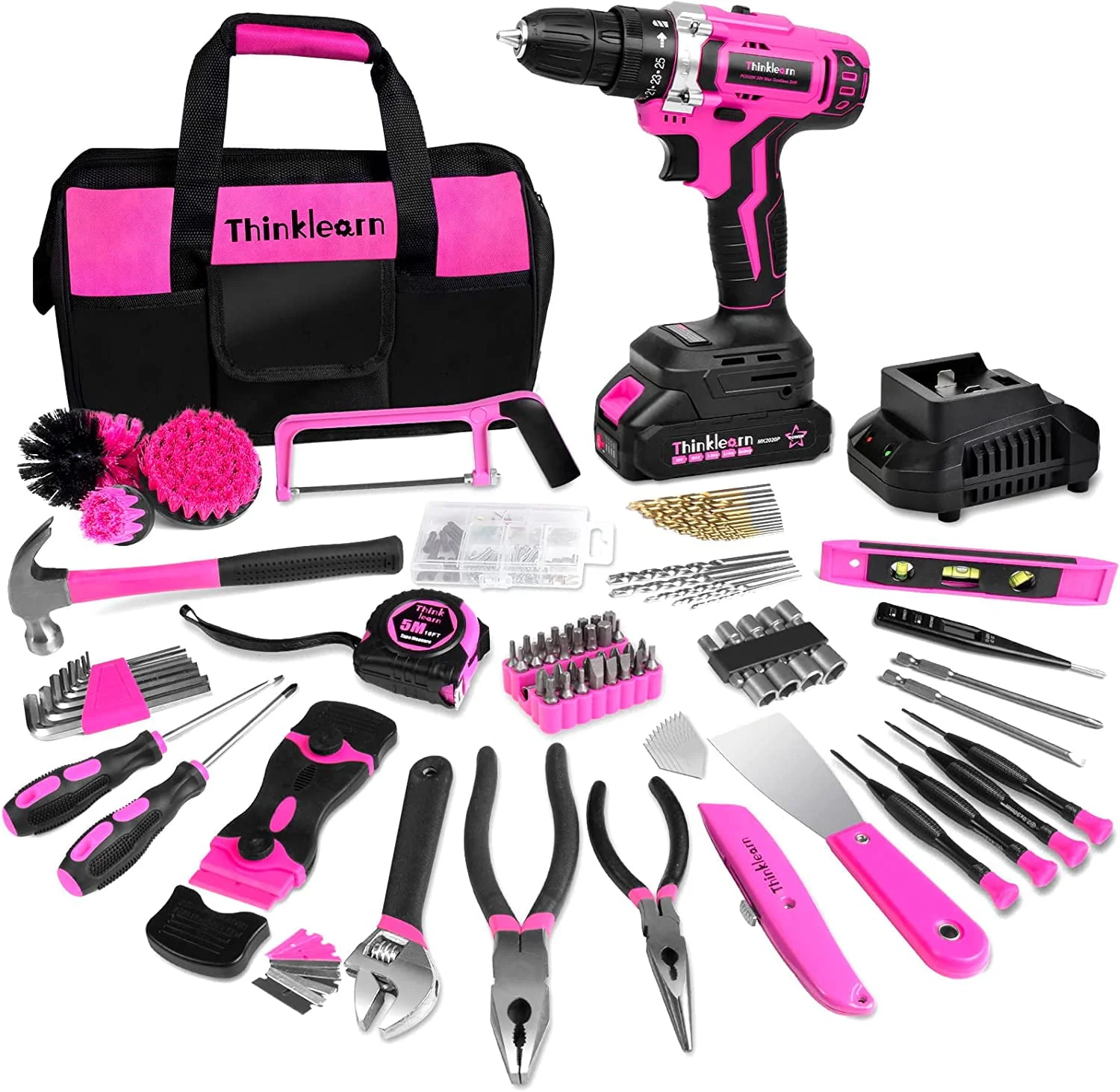 ThinkLearn Pink Tool Kit with 20V Cordless Drill(265in-lbs), Pink Drill Set for Women,Lady's Home Tool Kit for DIY