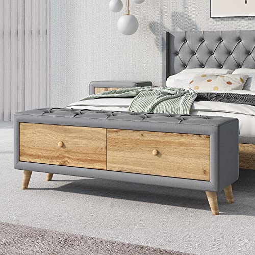 Upholstered Wooden Storage Ottoman Bench with 2 Drawers Button-Tufted Linen Padded Footstool Modern End of Bed Bench Entryway Storage Bench for
