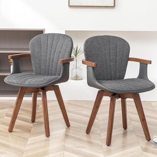 LUNLING Swivel Dining Chairs Set of 2, Mid Century Modern Gray Fabric+Faux Leather Kitchen Chairs with Arms,Bamboo Legs Side Chairs No Wheels
