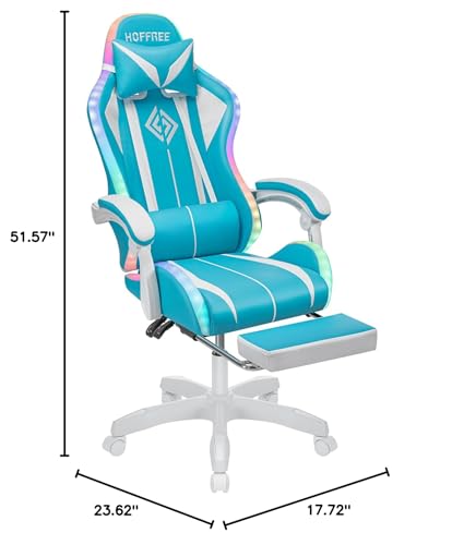 HOFFREE RGB Gaming Chair with Speakers Massage Computer Gaming Chair with LED Lights and Footrest High Back Video Game Chair for Adults Blue and Black