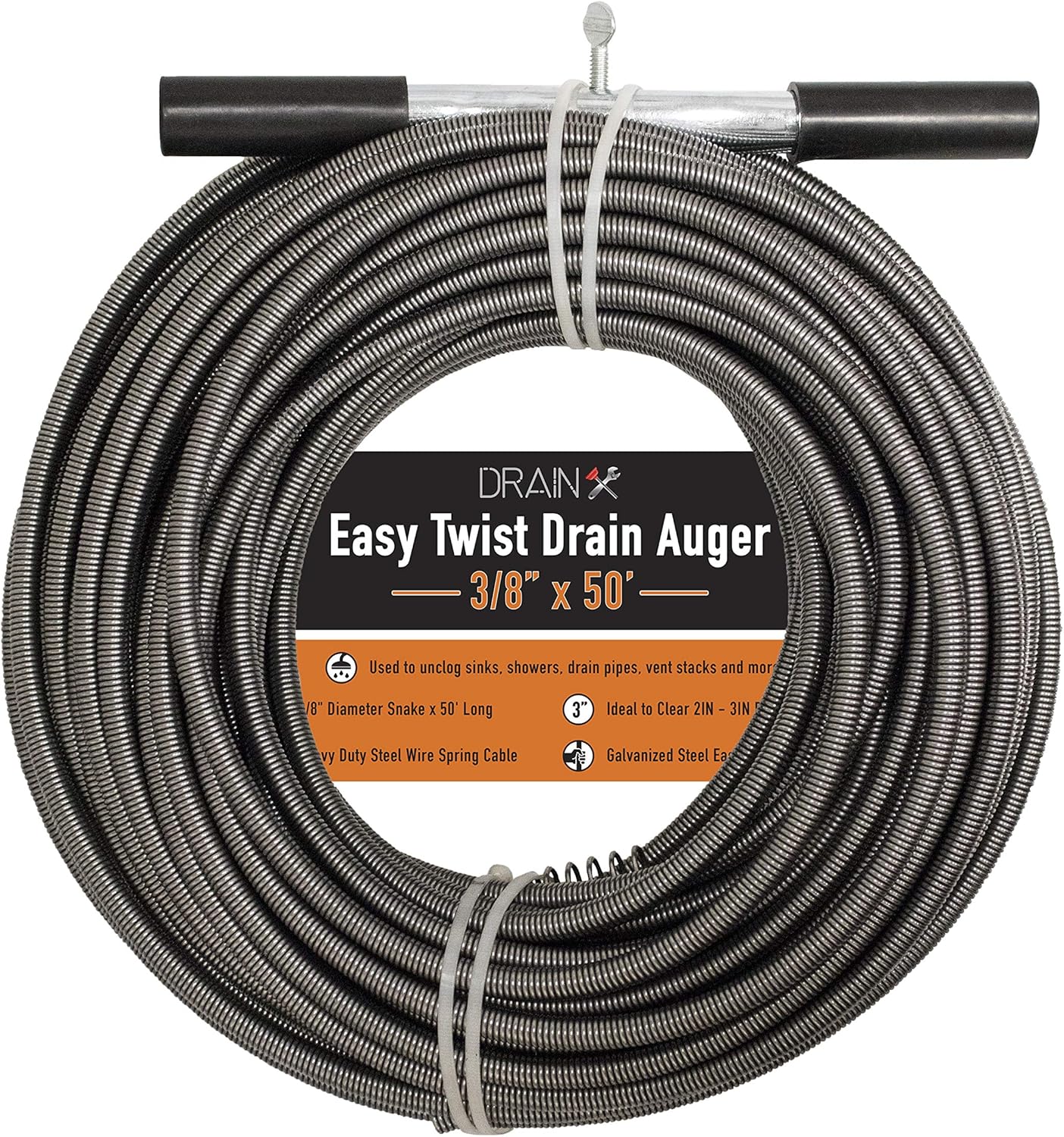 Drainx Easy Twist Drain Auger | Flexible Plumbing Cables for Cleaning Drainage Clogs Includes Storage Bag and Protective Gloves, 3/8 Diameter, 50 FT