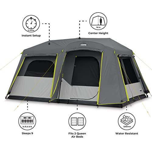 CORE Instant Cabin Tents | 6 Person / 9 Person / 10 Person / 12 Person Family Cabin Multi Room Pop Up Tents Car Camping | Included Storage Pockets