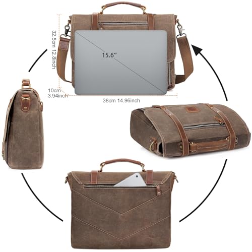 Laptop Messenger bag for Mens 15.6 Inch, Waterproof Vintage Genuine Leather Mens Briefcase shoulder bag 16 Storage Pockets